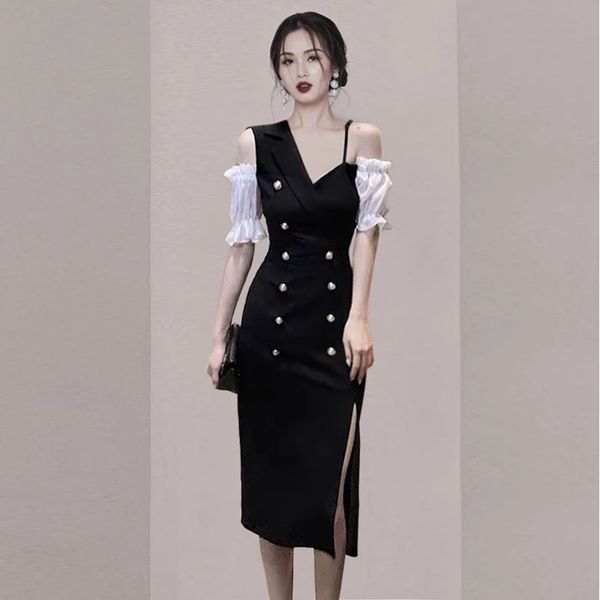 

zawfl women dress summer vintage elegant dresses off shoulder short sleeve split sling robe office bodycon vestidos 210525, Black;gray