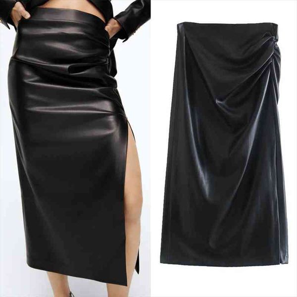 

za faux leather skirt women black midi pencil skirt autumn high waist elegant long skirts woman pleated slit