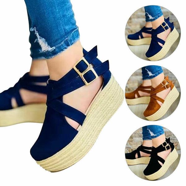 

sandals womens slope heels buckle strap wedges pumps breathable ladies, Black
