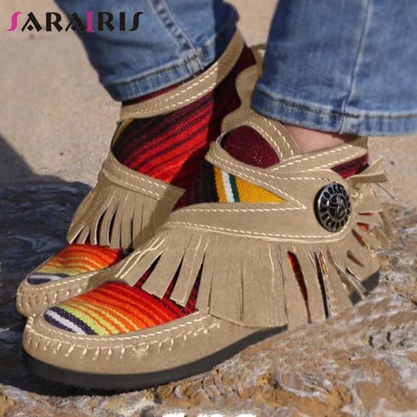 

boots sarairis ins girl 2021 low heel round toe casual spring ankle women buckle fringe brand shoes woman, Black