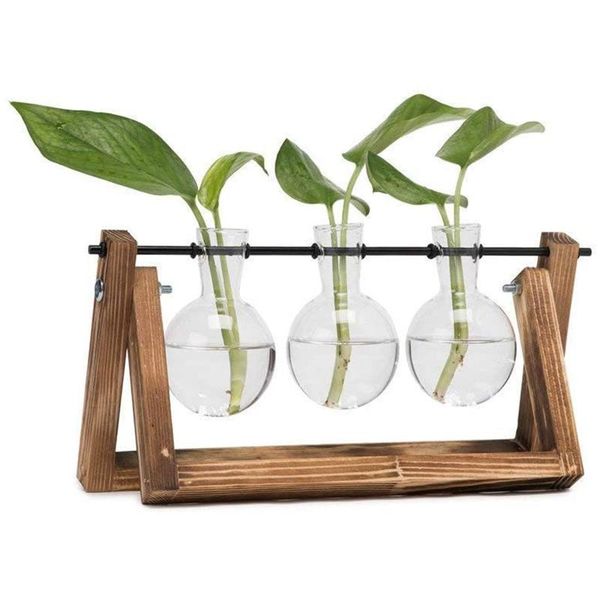 

vases deskbulb vase with retro pure wooden bracket and metal rotating suitable for plant home garden decoration