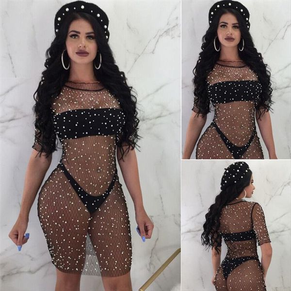 

fashion lace sequins mesh womens dress half sleeve o neck mini female slim summer beach skinny clubwear, Black;gray