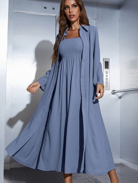 

shirred cami dress & open front coat o4l8#, White