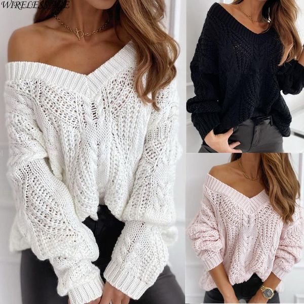 

women's sweaters women knitted sweater long sleeve v neck solid color coarse wool hollow loose casual pullover autumn winter fashion w, White;black