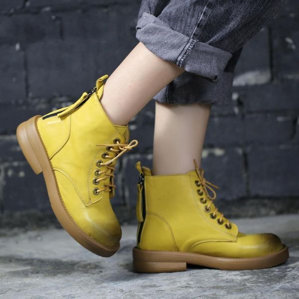

boots 2021 winter women ankle genuine leather yellow lace-up shoes casual round toe zipper handmade concise platform, Black