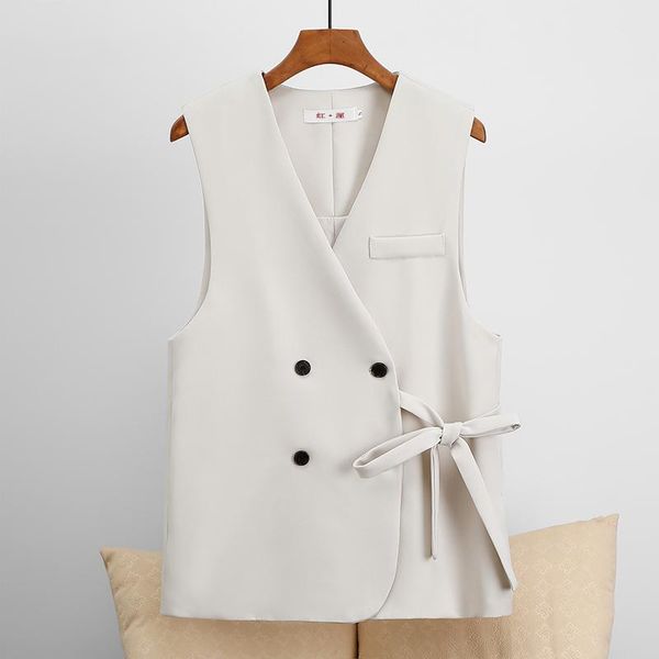 

women's vests #5248 black beige short sleeveless blazer women slim v neck office vest female double breasted waistcoat veste femme spri, Black;white