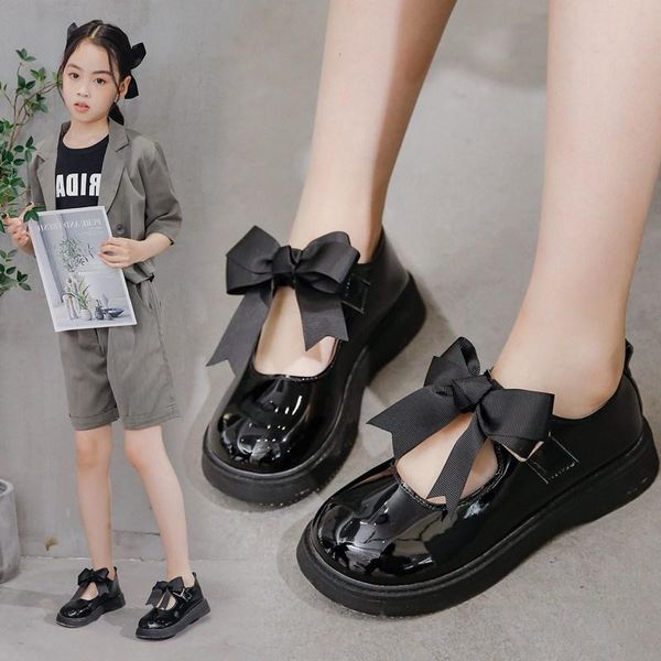 

flat shoes fashion grils leather casual girls autumn winter kids pu show girls' single bow performance children' black, Black;grey