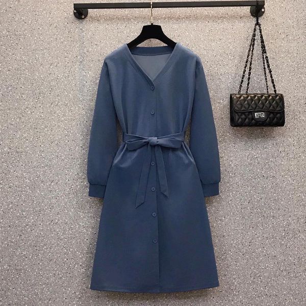 

casual dresses -4xl plus size women elegant vintage vestido 2021 autumn winter long sleeve v neck solid knee length dress, Black;gray