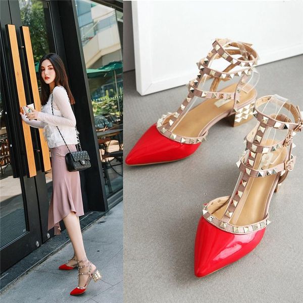 

sandals 2021 summer lady buckle pointed high heels female nightclub with rivet roman, Black