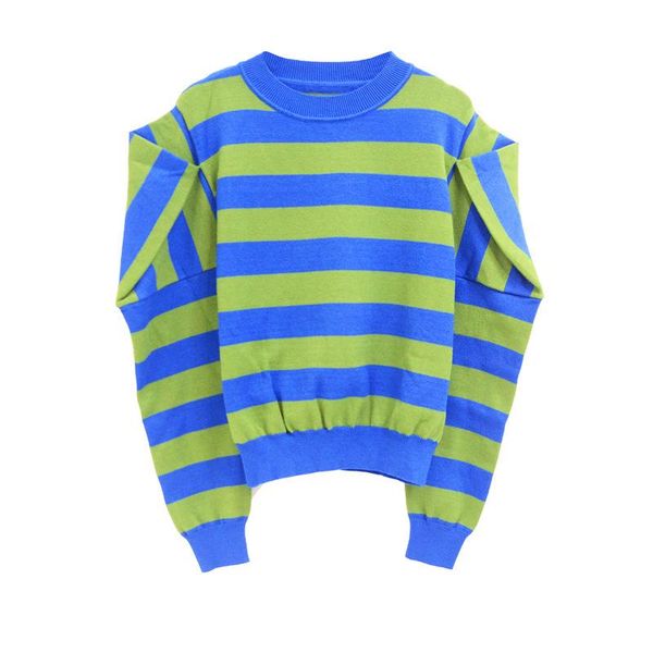 

retro striped knit pullover ladies sweater o-neck puff sleeve long winter warm oversized fashion women's sweaters, White;black