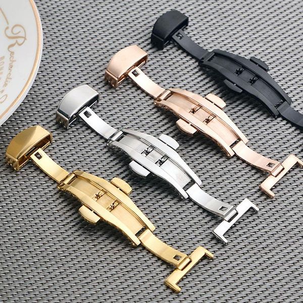 

watch bands adjustable semi-automatic double butterfly press buckle clasp band fold watchband size 12/14/16/18mm black/gold/silver color, Black;brown