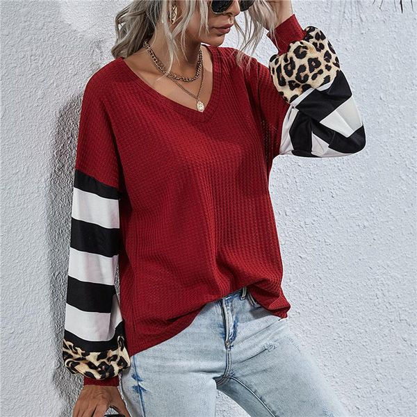 

women's t-shirt casual loose women tshirt autumn stripe leopard patchwork t shirt v neck long sleeve pullover tees streetwear, White