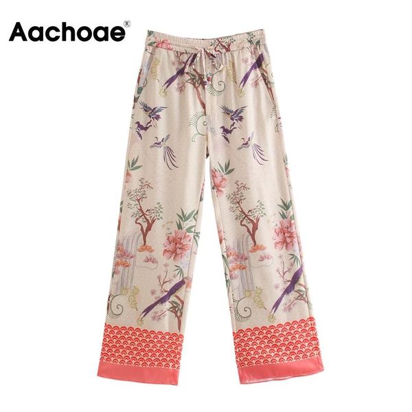 

women's pants & capris aachoae women vintage floral printed wide leg casual elastic waist long female fashion chic trousers ropa mujer, Black;white