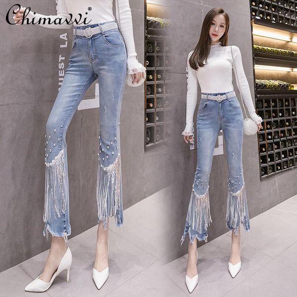 

women's jeans denim flare pants spring clothes 2021 slimming high waist tassel embroidered flared trousers, Blue