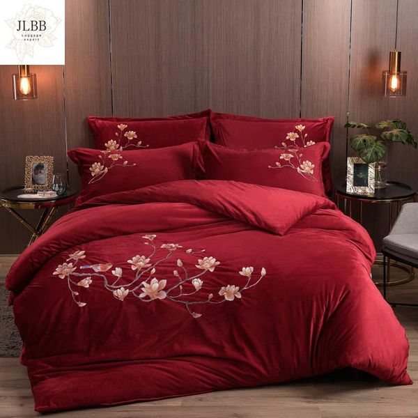 

bedding sets luxury flowers bird embroidery red green gray blue winter fleece fabric set flannel duvet cover bed sheet pillowcases
