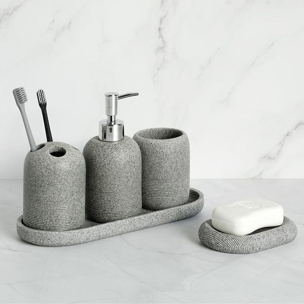 

bath accessory set bathroom accessories resin soap dispenser rock toothbrush holder tumbler tray dish decoratio mouthwash cup