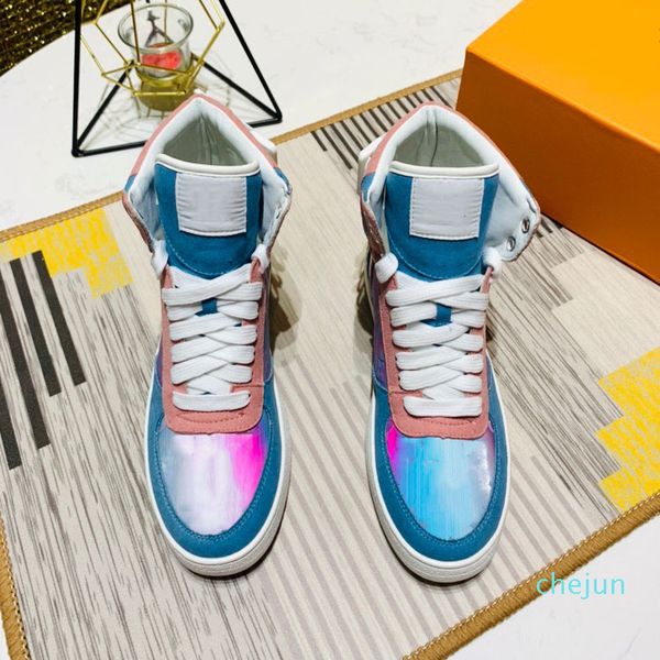 

designer- women high sneakers boot laser dazzle reflection leather shoes woman casual sport shoe flat heel shoes, Black