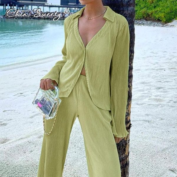 

women's two piece pants solid v-neck shirt trousers 2 set 2021 autumn loose vintage ruched flare sleeve sets ladies fashion suits, White