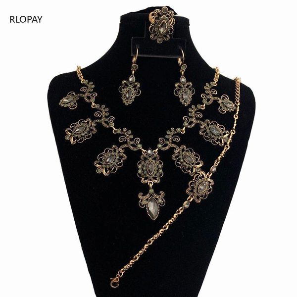 

earrings & necklace luxury 4pcs gray crystal flower bridal wedding jewelry sets antique gold color turkey earring bracelet ring women, Silver
