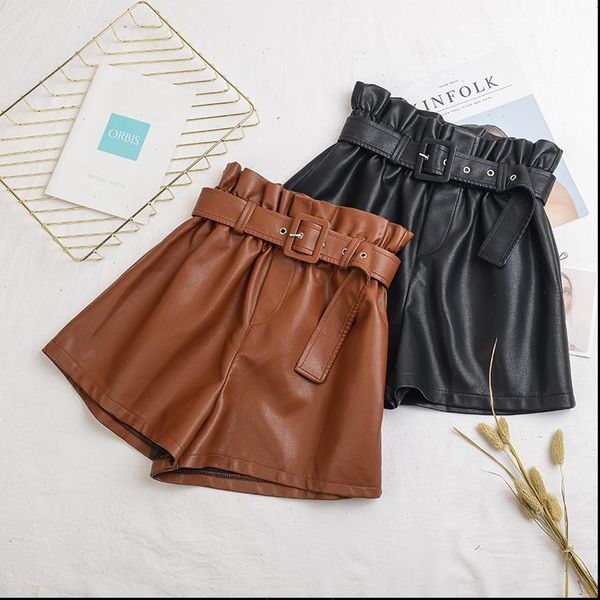 

women womens short black pu leather high waist with belt wide leg faux shorts quality winter plus size, White;black
