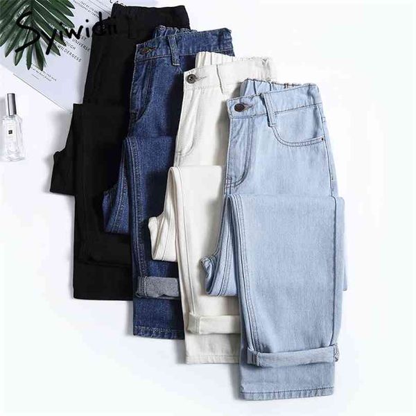 

syiwidii 4 color mom jeans woman elastic waist high wais denim pants boyfriend for women washed cotton fashion 210818, Blue