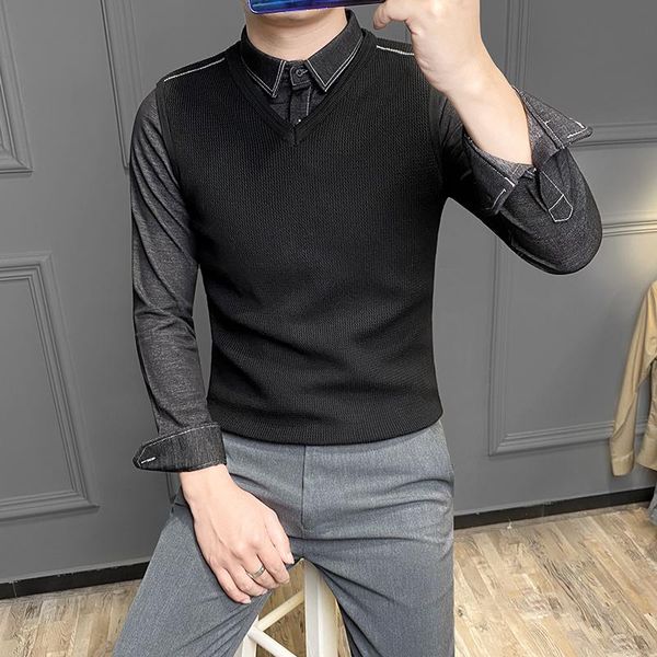 

men's sweaters autumn men fashion brand slim fit knitted male fake two shirt collar sweater mens long sleeve casual pullovers o119, White;black