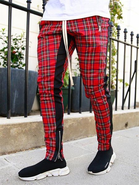 

men's pants korean version checked fashion patchwork color matching small legs trouser slim casual sports pencil pan, Black