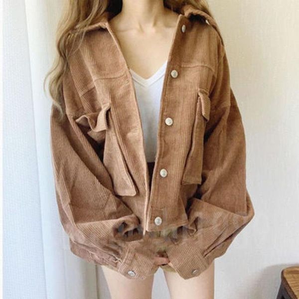 

women's jackets [ewq] 2021 japanese style corduroy vintage long sleeve turn down collar single breasted jacket short coat ladies, Black;brown