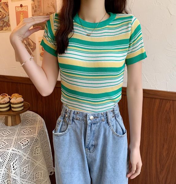 

women's t-shirt rainbow stripe t-s204hirt summer slim short sleeve tshirt design female clothes, White