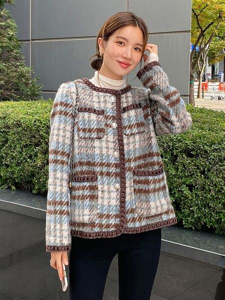 

dazy plaid pattern patched pocket tweed overcoat r2yc#, Black