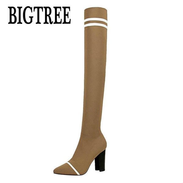 

boots bigtree women autumn winter over the knee fashion knitting stretch woolen sock high heel female, Black