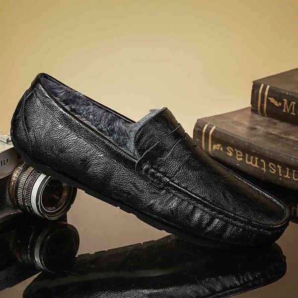 

dress shoes sapatos de inverno dos homens casuais pelúcia mocassins couro apartamentos pele 6wd6, Black