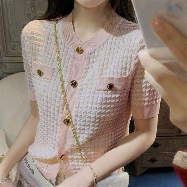 

pink o neck short sleeve womens sweaters button women knit cardigan spring summer green rose flower bow sweet elegant fashion, White;black
