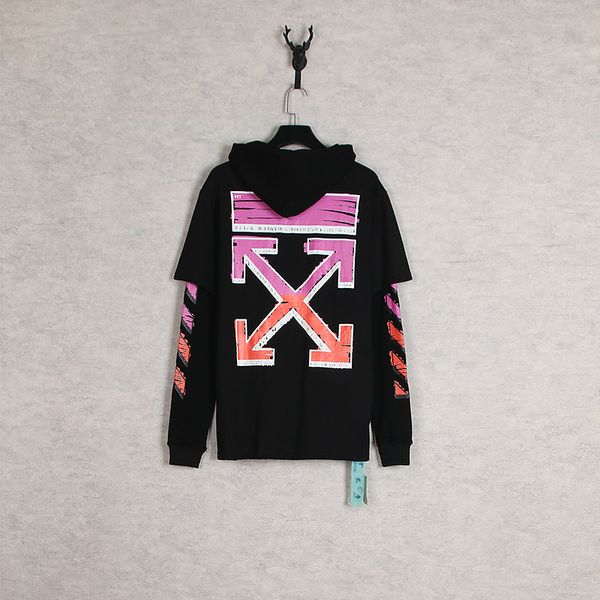

chao brand pink ow off arrow graffiti paint fake two-piece sweater men's and women's casual hoodie, Black