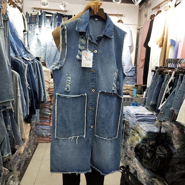 

women's vests sleeveless waistcoat women korean big pockets holes denim jacket 2021 girls students casual long vest female loose, Black;white