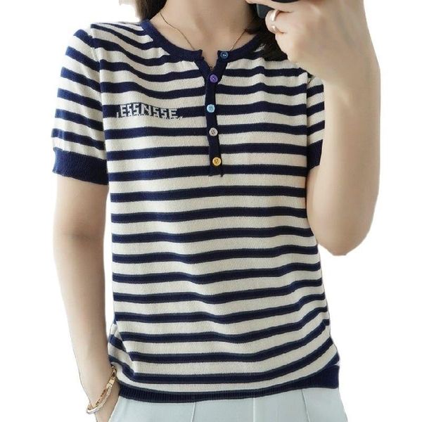 

women's sweaters button knit short sleeve striped embroidery letter womenthin pullover o-neck t-shirt feminine 2021 summer loose ice si, White;black