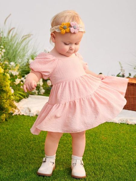 

baby solid puff sleeve ruffle hem textured dress she, Red;yellow