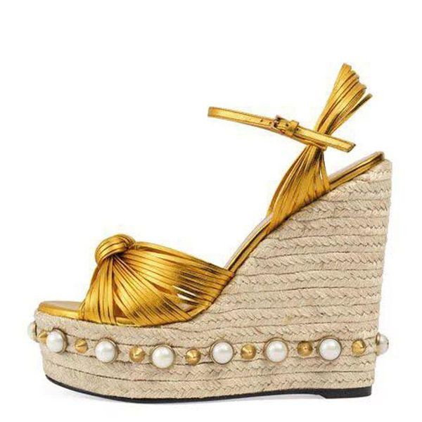 

sandals high wedges ankle buckle open toe heel platfrom pearl rivet decoration bohemia style women summer, Black