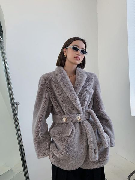 

women's fur & faux oftbuy 2021 winter jacket women natural weave wool real coat blazer belt thick warm outerwear streetwear korea luxur, Black