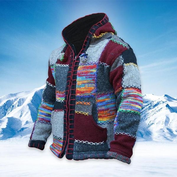 

men's jackets zipper closure long sleeve men cardigan autumn winter colorful patchwork drawstring hooded sweater coat knitwear drop, Black;brown