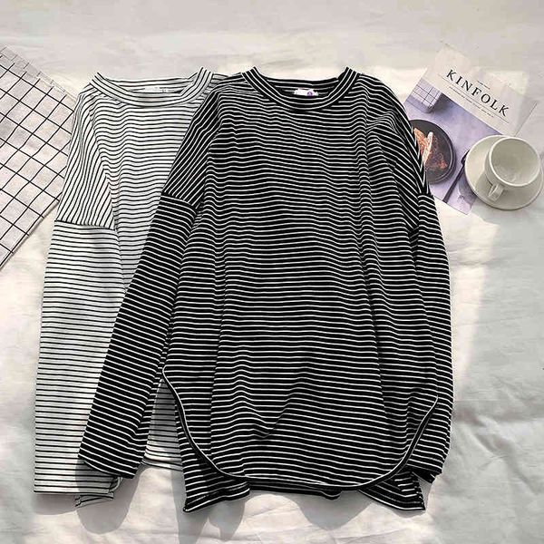 

tee 2021 spring o-neck split hem striped oversized shirts long cotton t shirt women clothes slim fashion, White