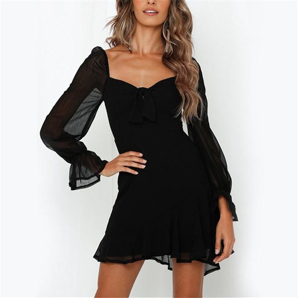 

casual dresses women's elegant solid chiffon dress overlay summer backless long sleeve mini black, Black;gray