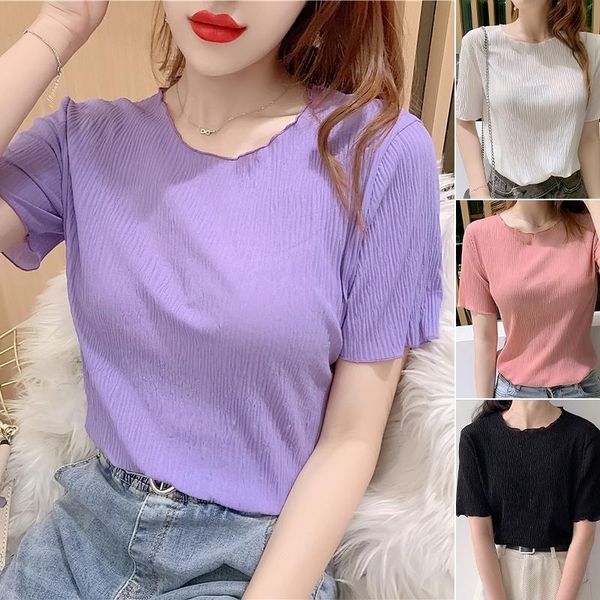 

women's t-shirt chiffon thin short sleeve tees korean style folds aesthetic woman summer clothes ruffles elegant slim pink white plus