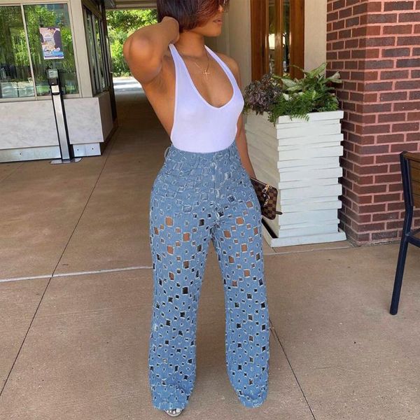 

women's jeans autumn fall wide leg pants loose high waisted hollow out fashion street wear evening night club long trousers, Blue