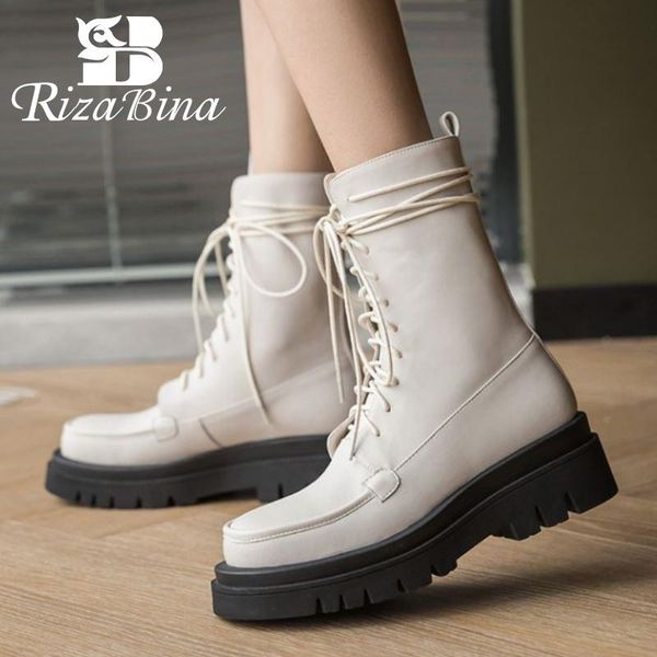

boots rizabina real leather women mid calf lace up round toe shoes winter warm fashion footwear size 33-40, Black