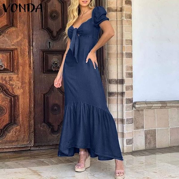 

casual dresses summer dress lace-up denim short sleeve pleated vonda 2021 bohemian party vestidos plus size beach sundress, Black;gray