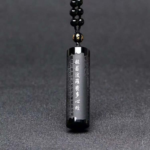 

natural obsidian prajna paramita sutra buddha necklace pendant with lucky beads chain fashion jewelry for men women, Slivery;golden