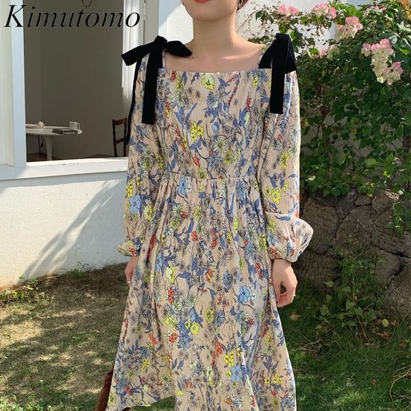 

kimutomo women vintage floral dress spring autumn 2021 chic korean female french style square collar lace up puff sleeve casual dresses, Black;gray