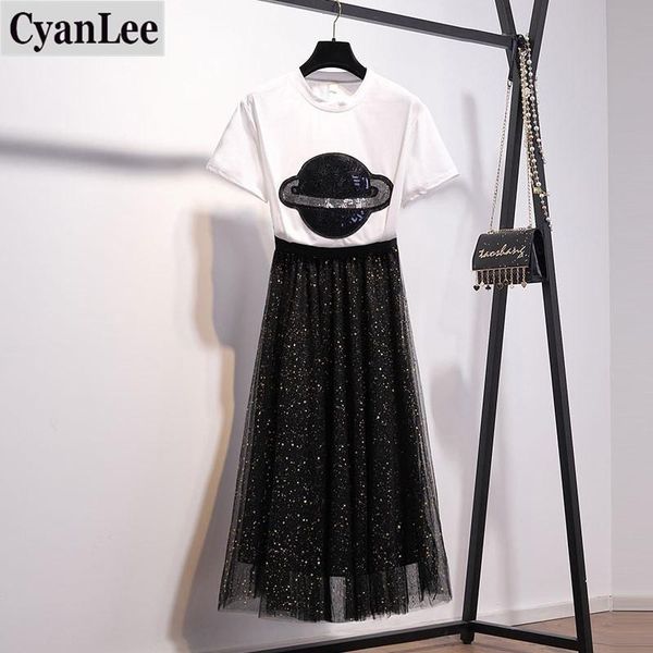 

summer sequin 2 pieces sets women korean style white t shirt and mesh skirt pcs outfits pleated long girls two piece dress
