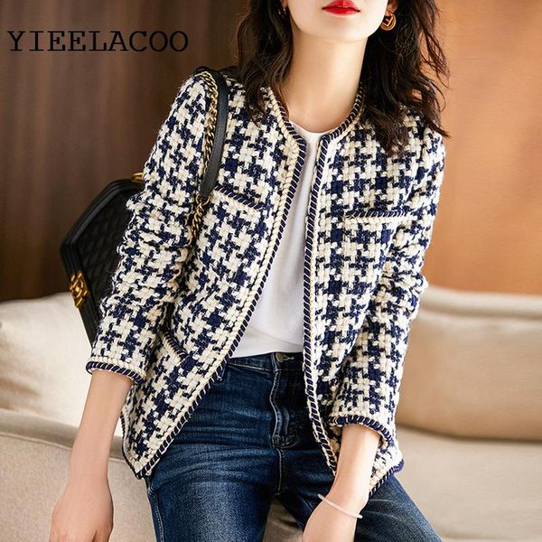

women's jackets tweed jacket dark blue plaid spring / autumn winter lapel long sleeve business ladies one piece coat, Black;brown